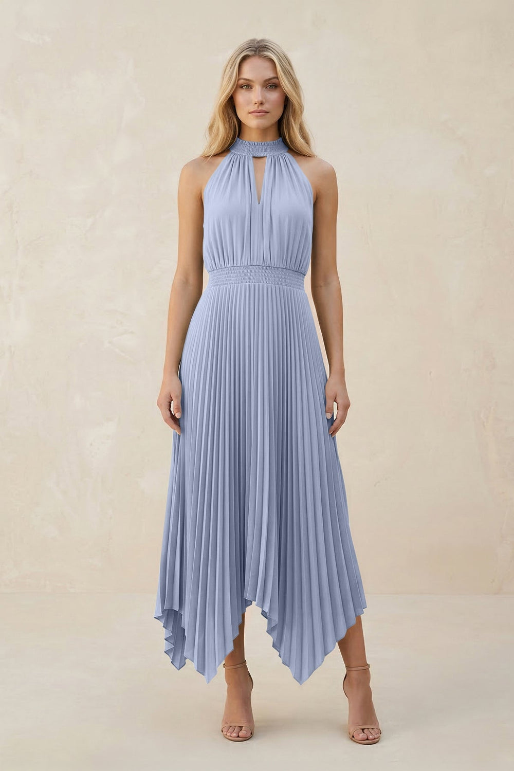 Halter Neck Pleated A-Line Chiffon Bridesmaid Dress in Ice