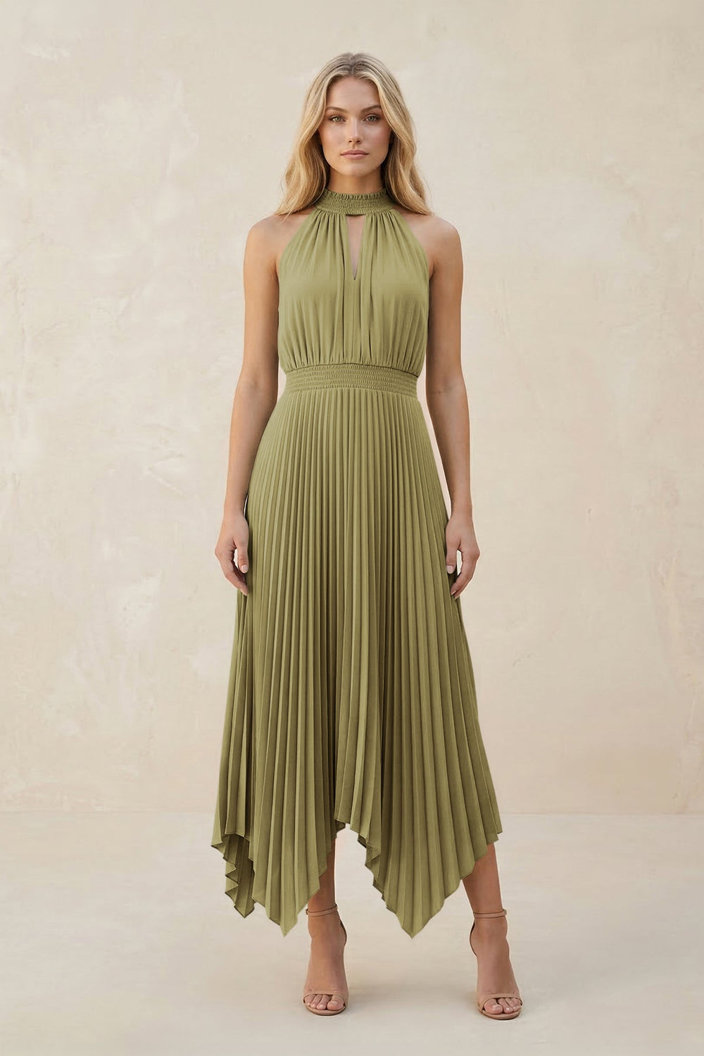 Halter Neck Pleated A-Line Chiffon Bridesmaid Dress in Moss Green