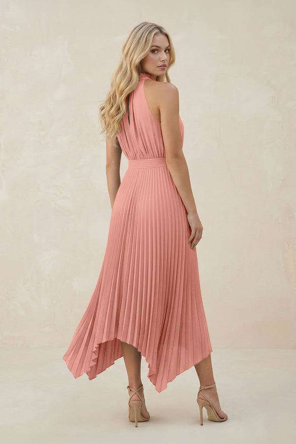 Halter Neck Pleated A-Line Chiffon Bridesmaid Dress in Rosette (2) | KISSBRIDAL