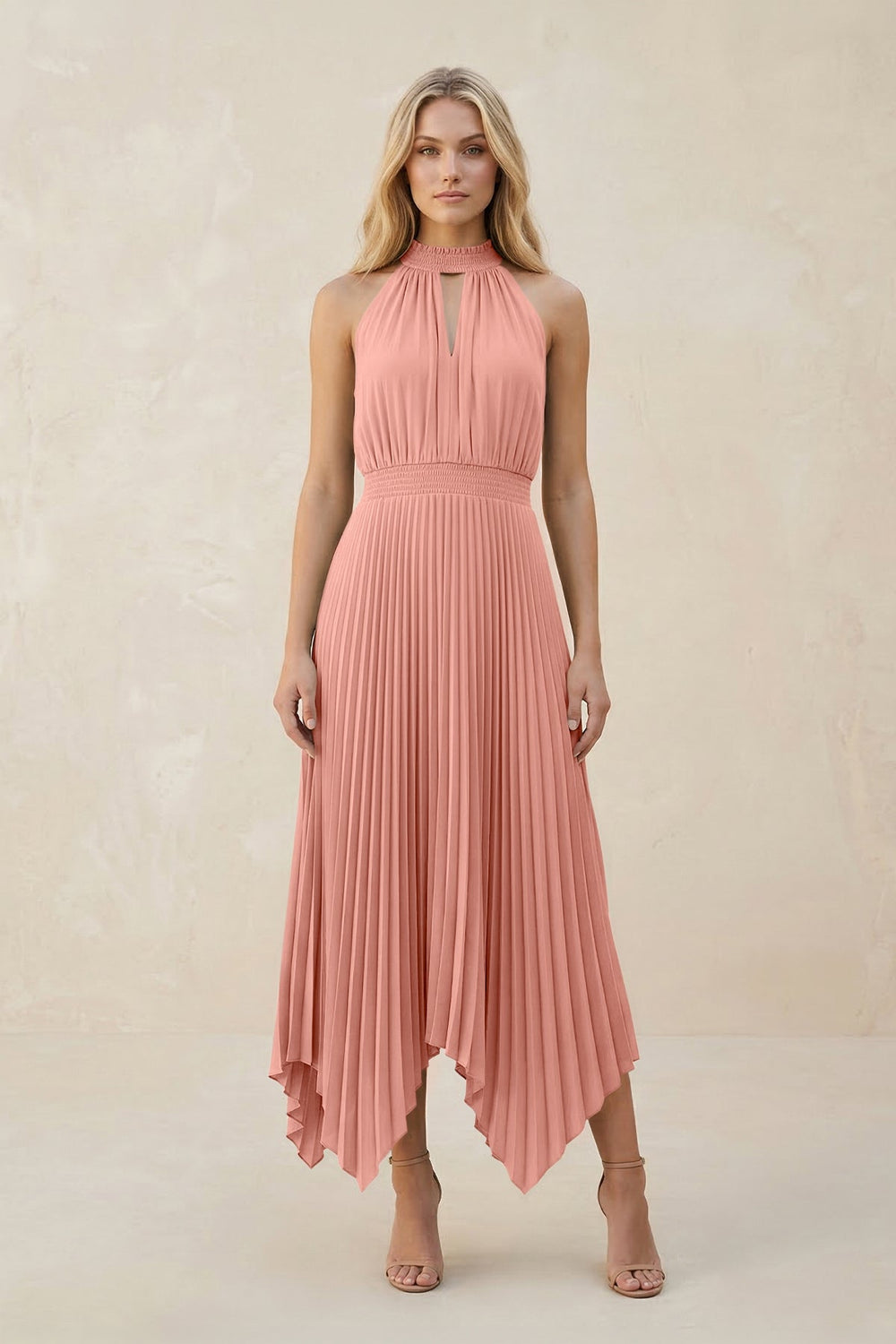 Halter Neck Pleated A-Line Chiffon Bridesmaid Dress in Rosette