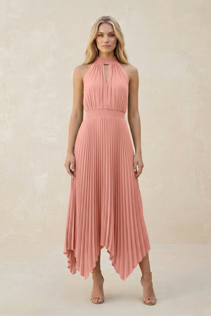 Halter Neck Pleated A-Line Chiffon Bridesmaid Dress in Rosette | KISSBRIDAL