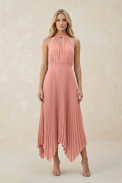 Halter Neck Pleated A-Line Chiffon Bridesmaid Dress in Rosette | KISSBRIDAL