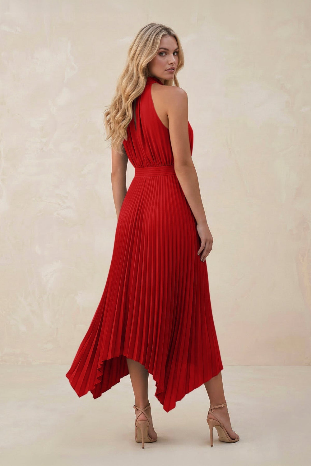 Halter Neck Pleated A-Line Chiffon Bridesmaid Dress in Ruby Red