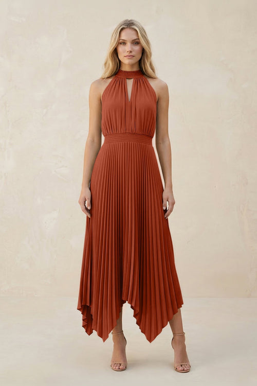 Halter Neck Pleated A - Line Chiffon Bridesmaid Dress in Spice - KISS BRIDAL Bridesmaid Dresses