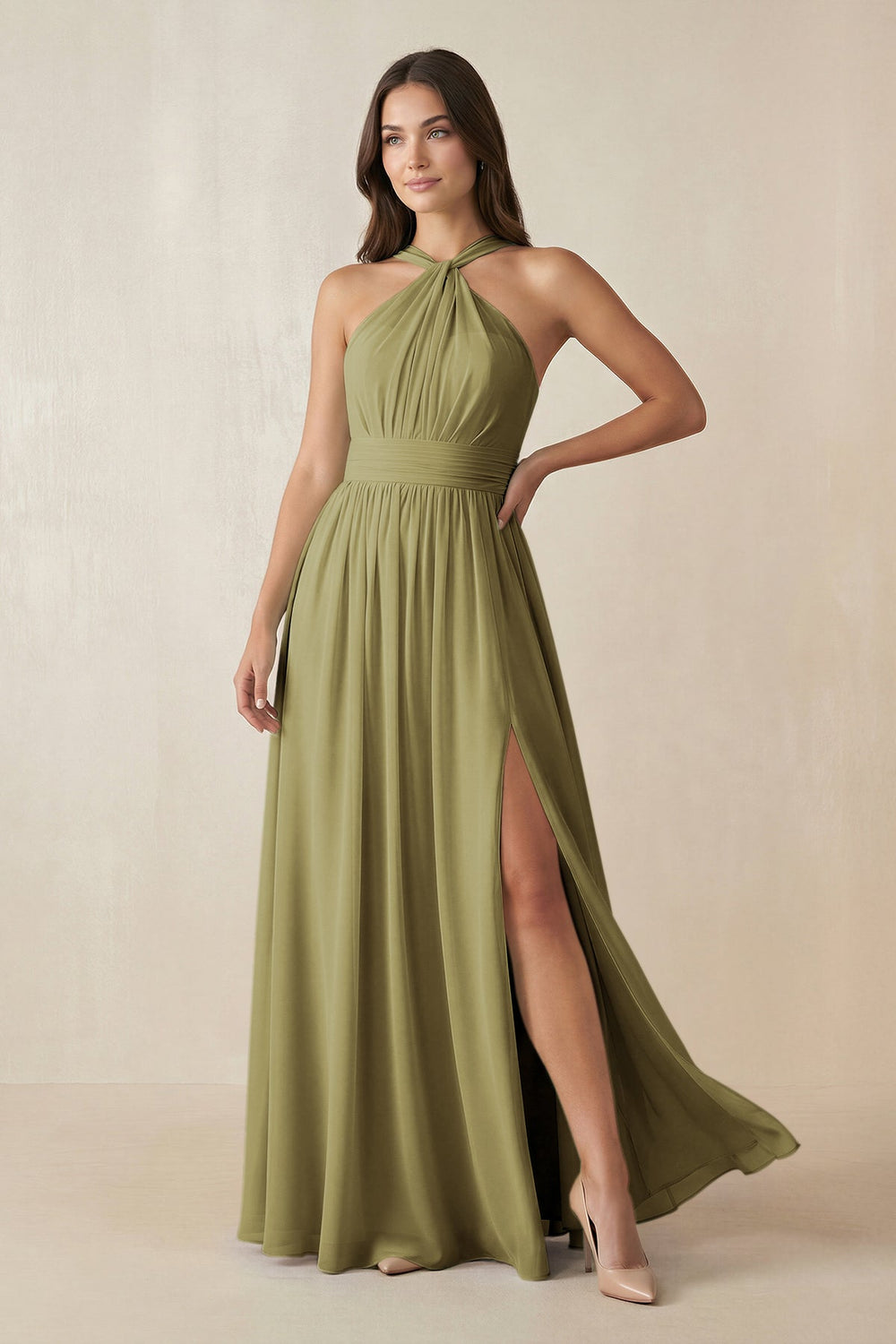 Halter Neck Ruched A-Line Chiffon Bridesmaid Dress in Moss Green