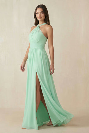 Halter Neck Ruched A-Line Chiffon Dress in Pale Pistachio - KISS BRIDAL BRIDESMAID DRESSES