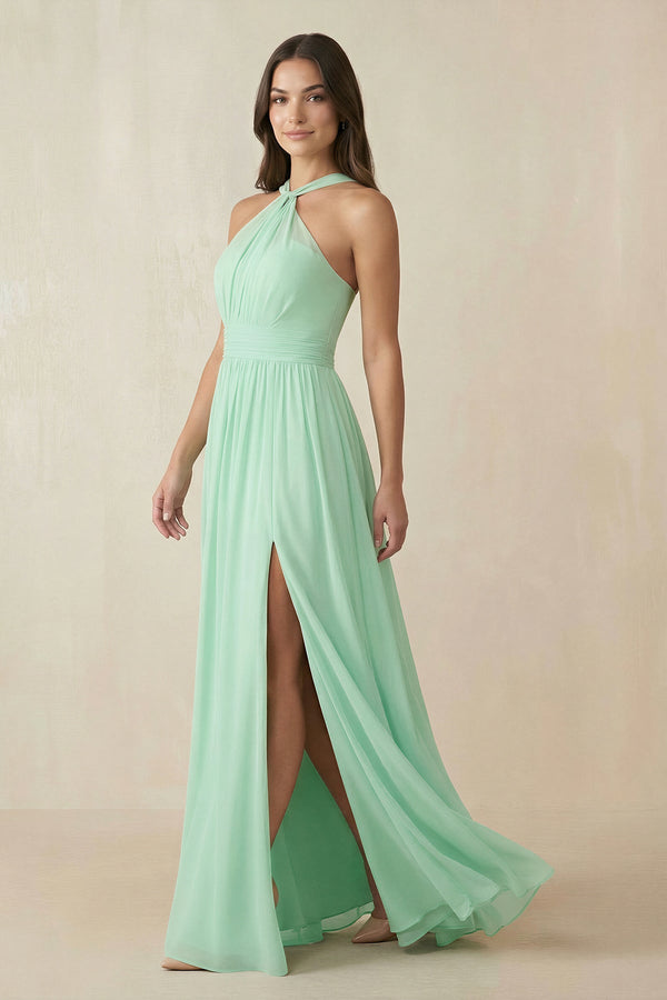 Halter Neck Ruched A-Line Chiffon Dress in Pale Pistachio - KISS BRIDAL BRIDESMAID DRESSES