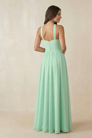 Halter Neck Ruched A-Line Chiffon Dress in Pale Pistachio - KISS BRIDAL BRIDESMAID DRESSES