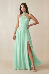 Halter Neck Ruched A-Line Chiffon Dress in Pale Pistachio - KISS BRIDAL BRIDESMAID DRESSES