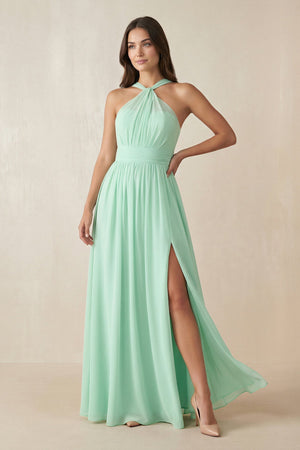 Halter Neck Ruched A-Line Chiffon Dress in Pale Pistachio - KISS BRIDAL BRIDESMAID DRESSES