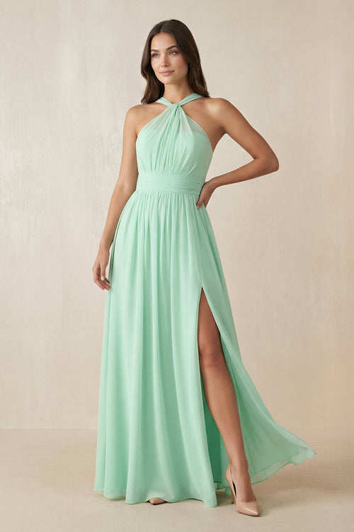 Halter Neck Ruched A-Line Chiffon Dress in Pale Pistachio - KISS BRIDAL BRIDESMAID DRESSES