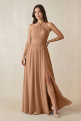 Halter Neck Ruched A-Line Chiffon Dress in Bronzer - KISS BRIDAL BRIDESMAID DRESSES