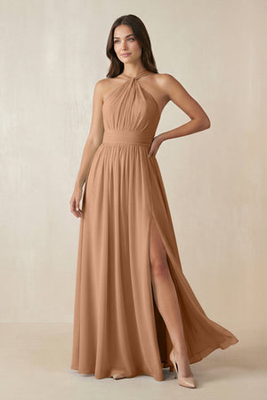 Halter Neck Ruched A-Line Chiffon Dress in Bronzer - KISS BRIDAL BRIDESMAID DRESSES