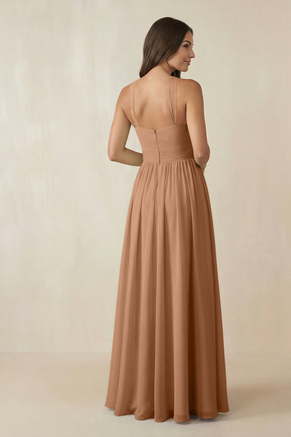 Halter Neck Ruched A-Line Chiffon Dress in Bronzer - KISS BRIDAL BRIDESMAID DRESSES