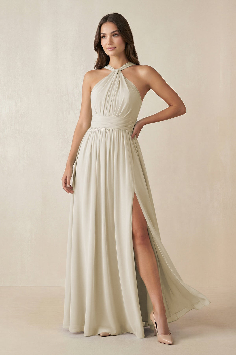 Halter Neck Ruched A-Line Chiffon Bridesmaid Dress in Dove Gray