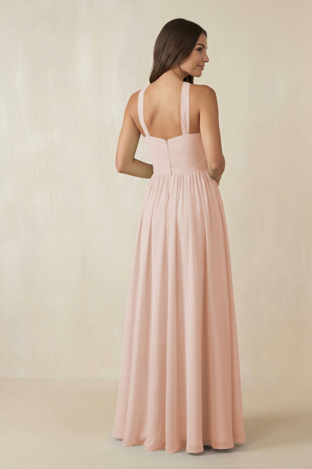 Halter Neck Ruched A-Line Chiffon Bridesmaid Dress in Pale Blush