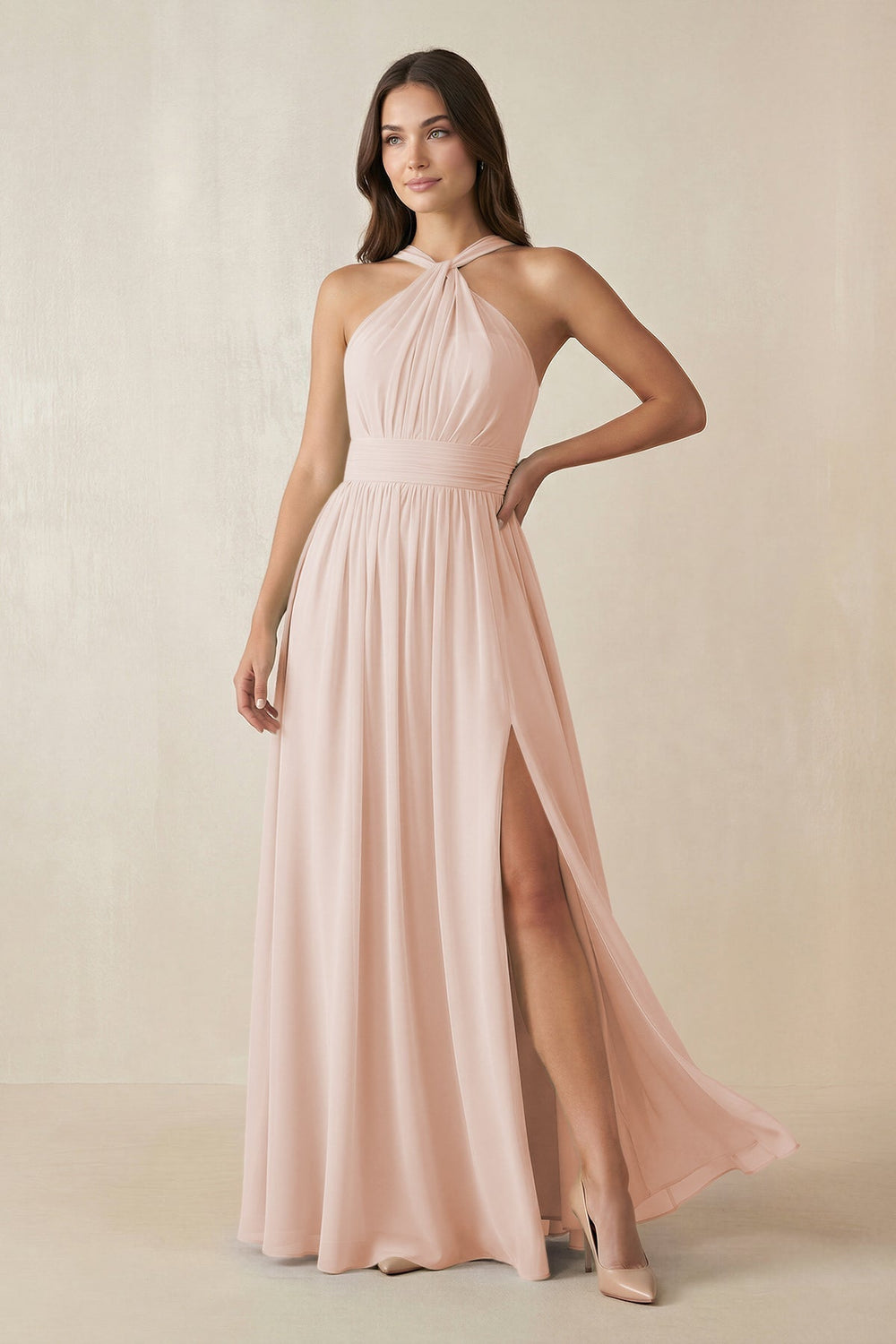 Halter Neck Ruched A-Line Chiffon Bridesmaid Dress in Pale Blush