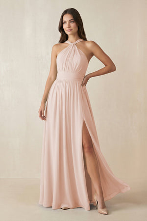 Halter Neck Ruched A-Line Chiffon Dress in Pale Blush - KISS BRIDAL BRIDESMAID DRESSES