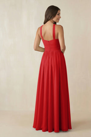 Halter Neck Ruched A-Line Chiffon Dress in Ruby Red - KISS BRIDAL BRIDESMAID DRESSES
