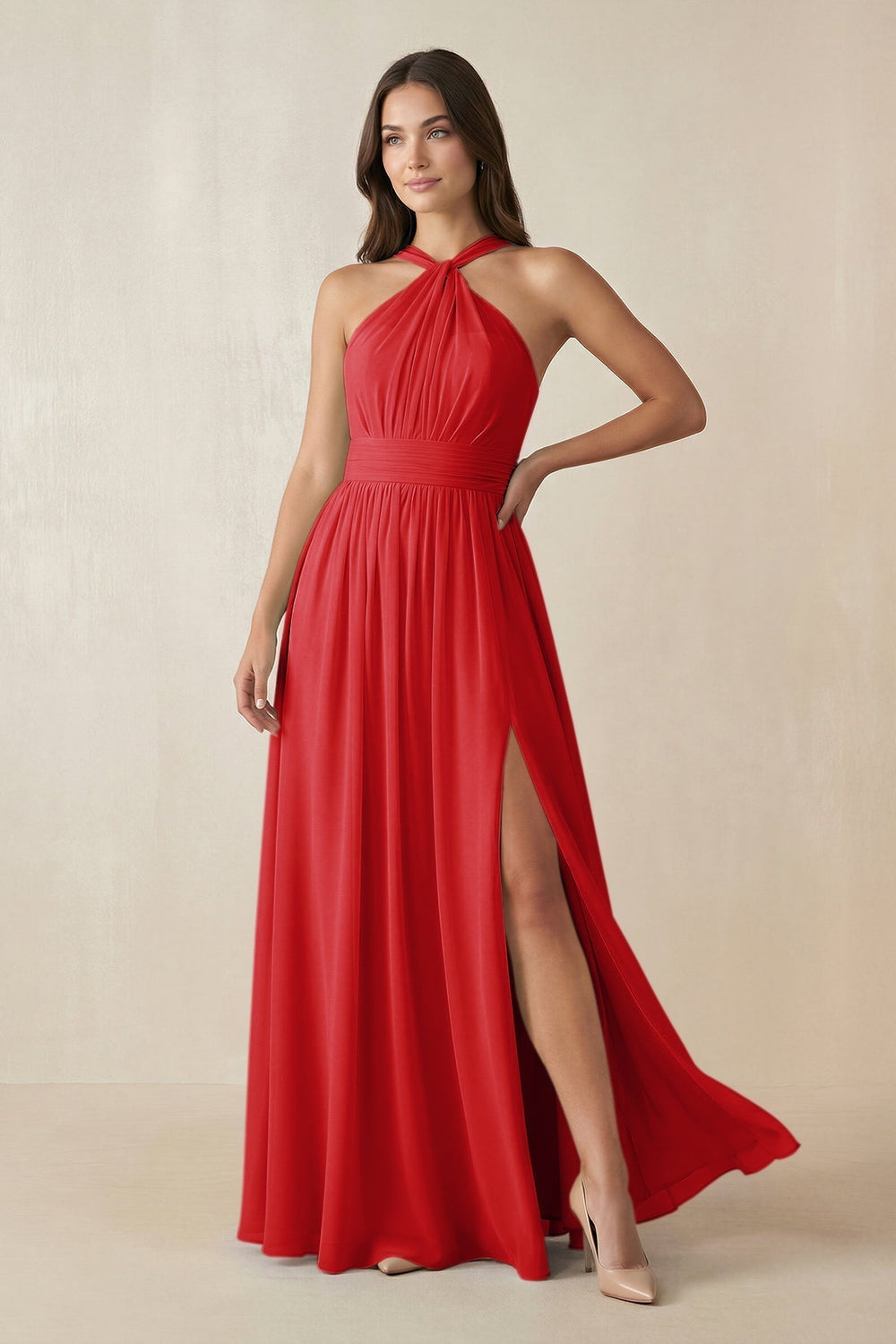 Halter Neck Ruched A-Line Chiffon Bridesmaid Dress in Ruby Red