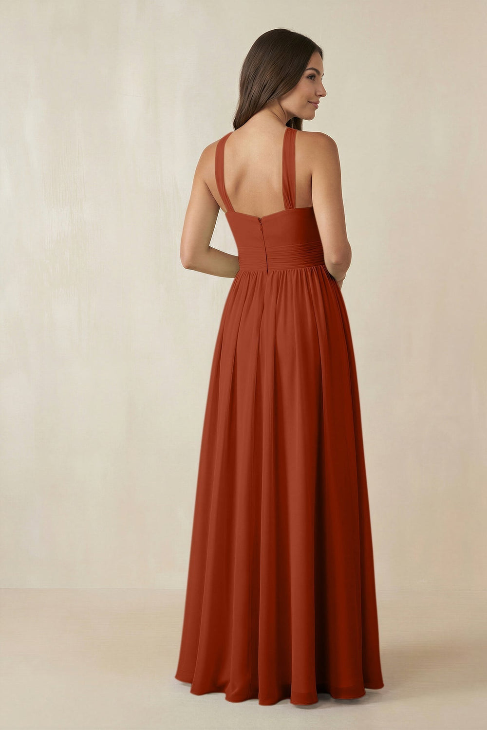 Halter Neck Ruched A-Line Chiffon Bridesmaid Dress in Spice