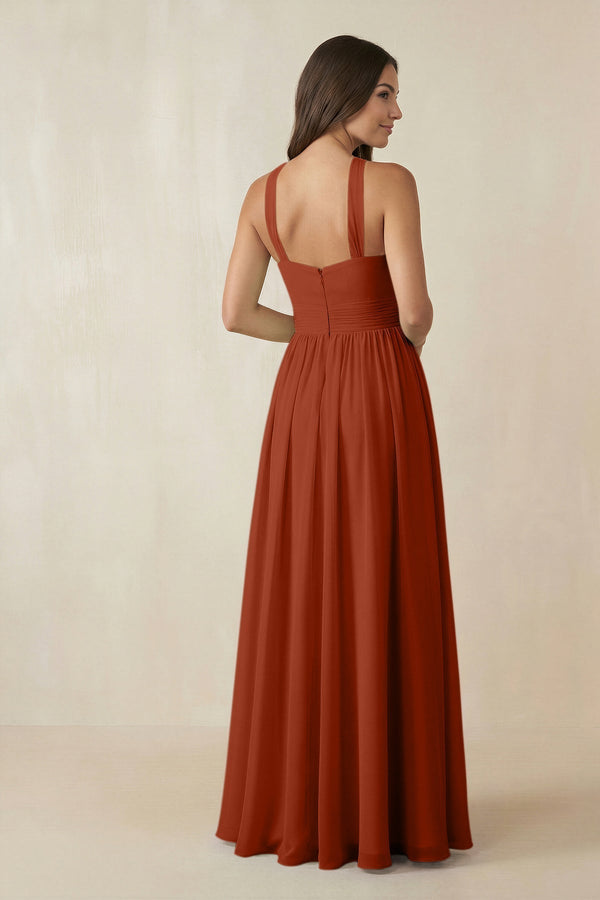 Halter Neck Ruched A-Line Chiffon Dress in Spice - KISS BRIDAL BRIDESMAID DRESSES
