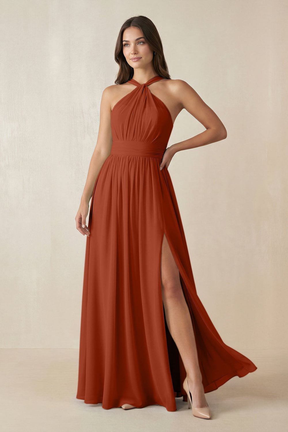 Halter Neck Ruched A-Line Chiffon Bridesmaid Dress in Spice