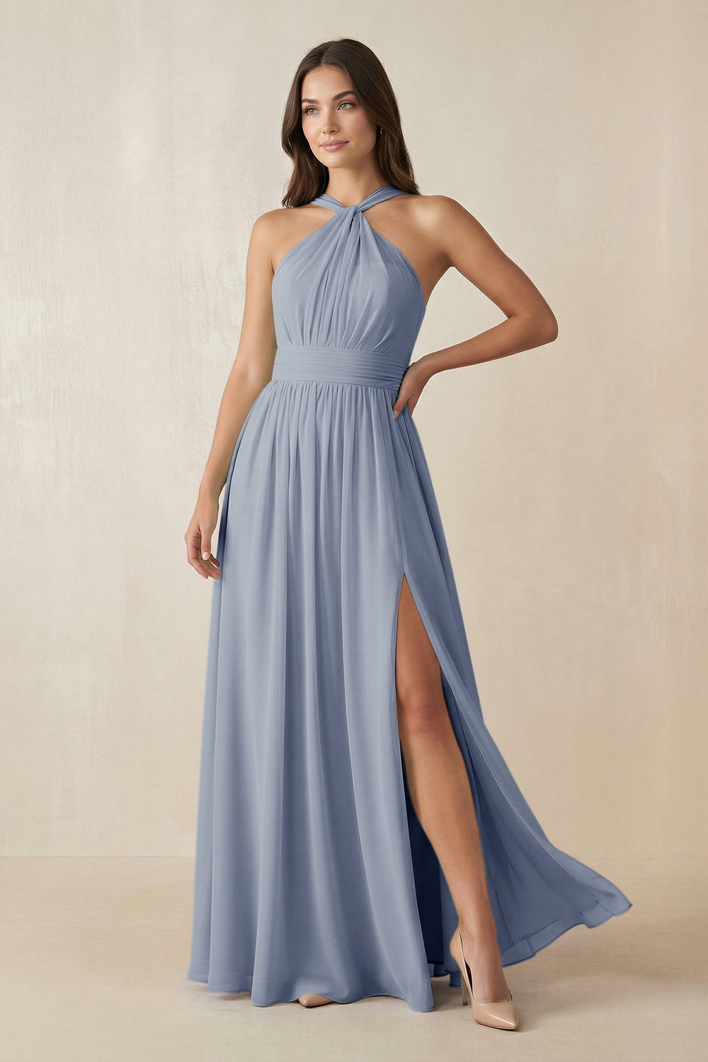 Halter Neck Ruched A-Line Chiffon Bridesmaid Dress in Twilight