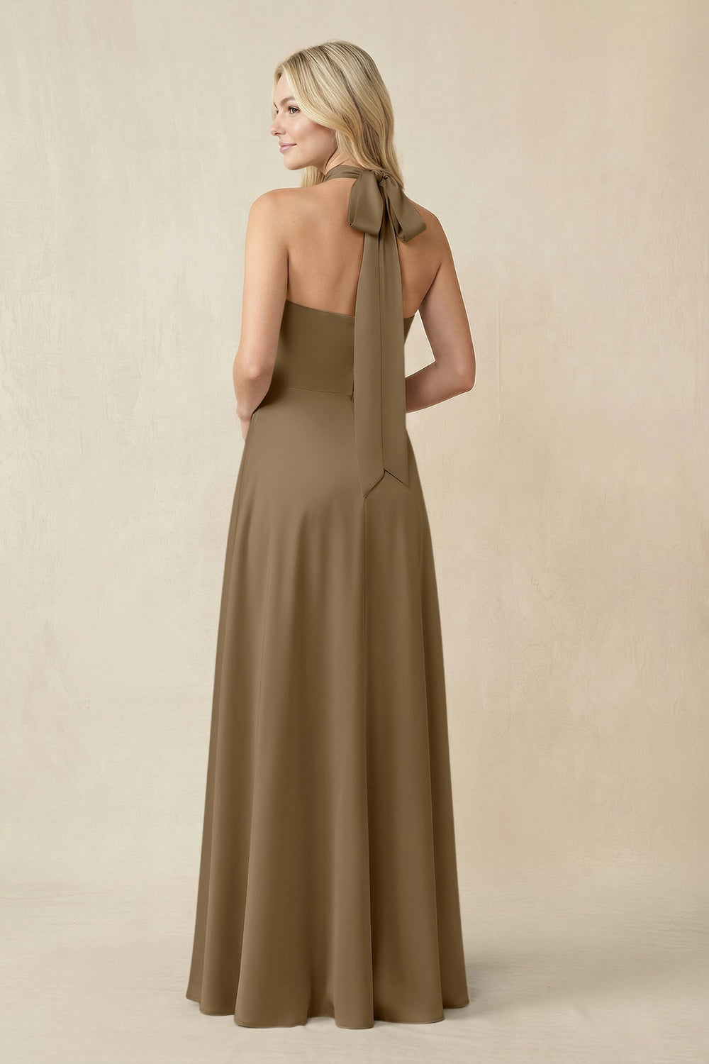Halter Neck Satin A-Line Bridesmaid Gown with Bow in Apple Cinnamon