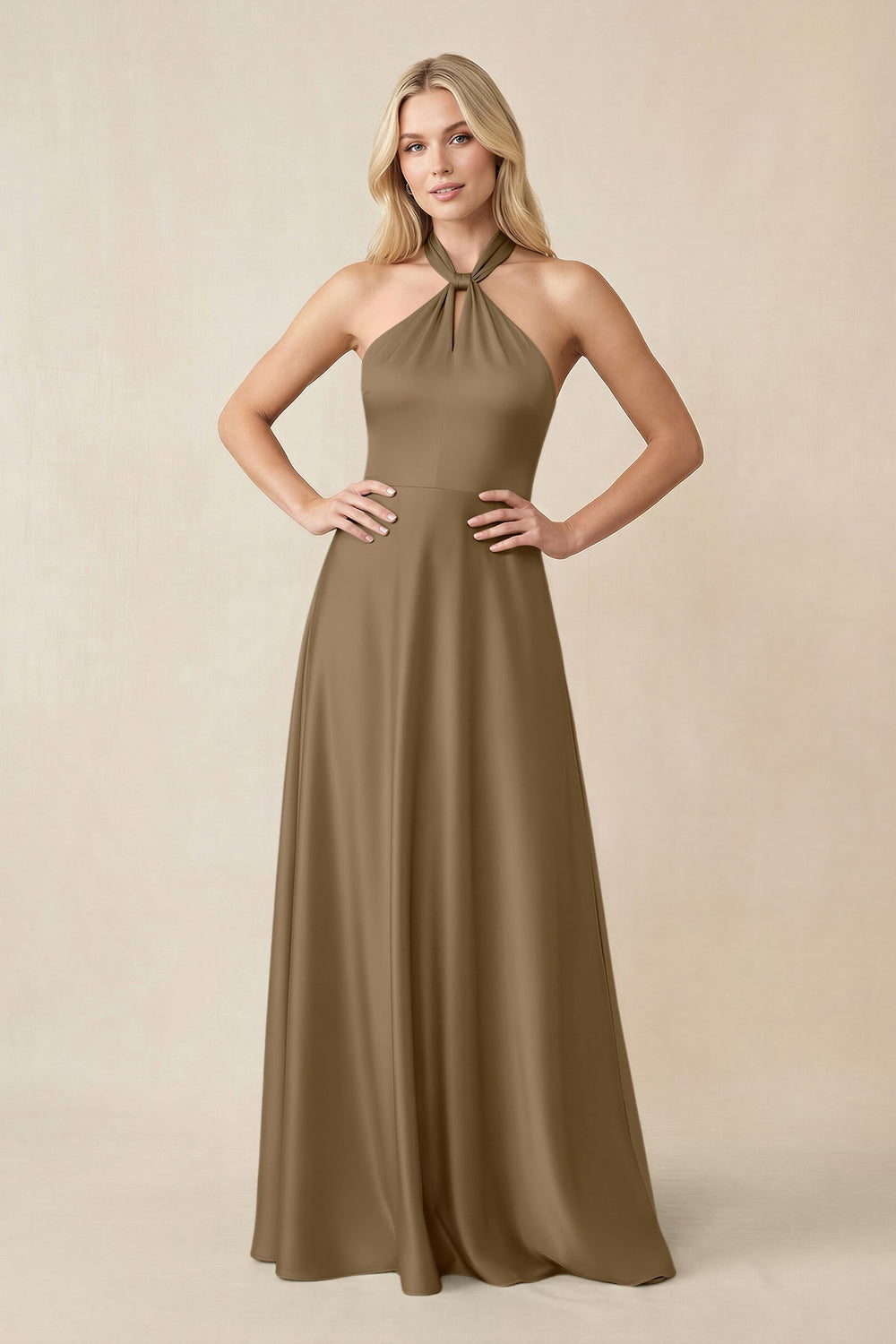 Halter Neck Satin A-Line Bridesmaid Gown with Bow in Apple Cinnamon