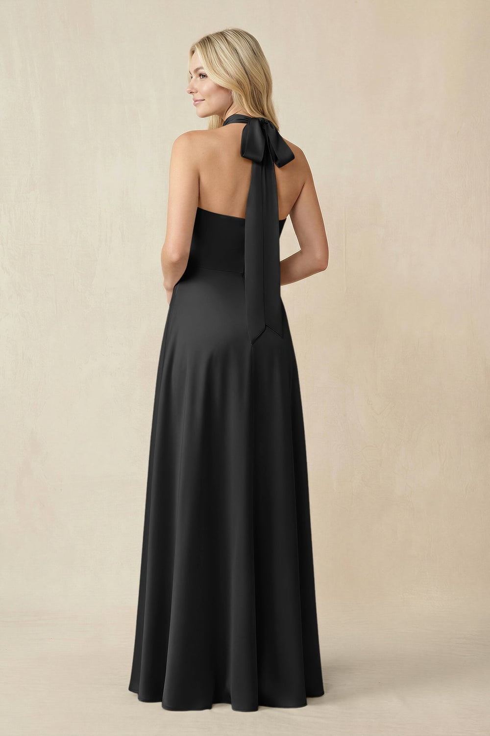 Halter Neck Satin A-Line Bridesmaid Gown with Bow in Black