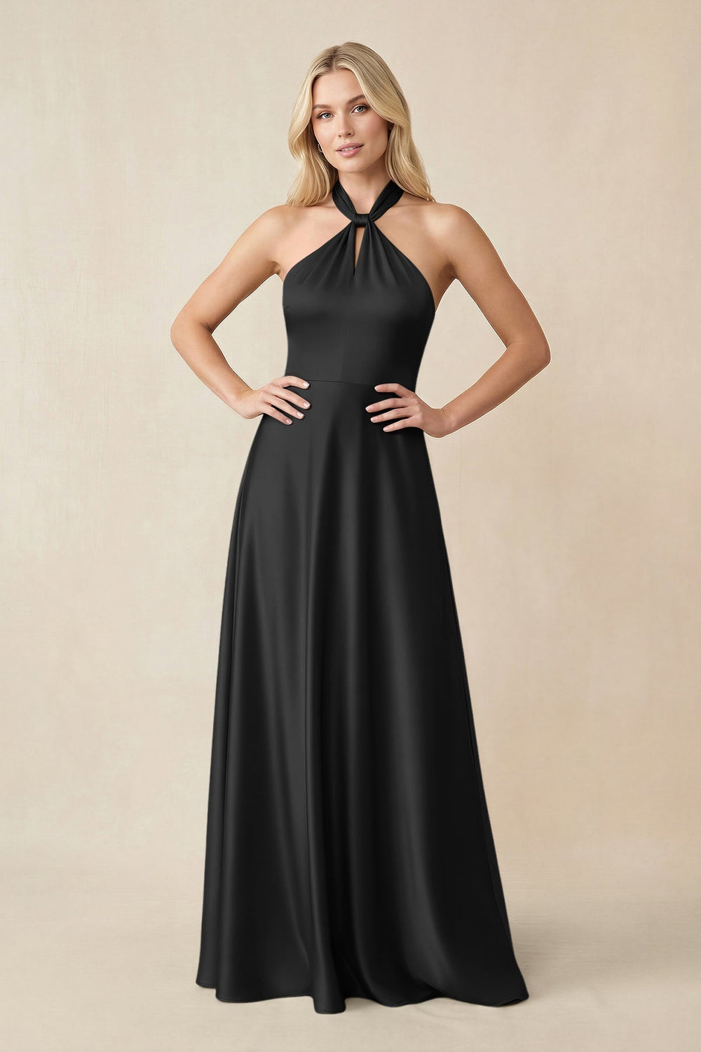 Halter Neck Satin A-Line Bridesmaid Gown with Bow in Black