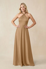 Halter Neck Satin A - Line Bridesmaid Gown with Bow in Bronzer - KISS BRIDAL Bridesmaid Dresses