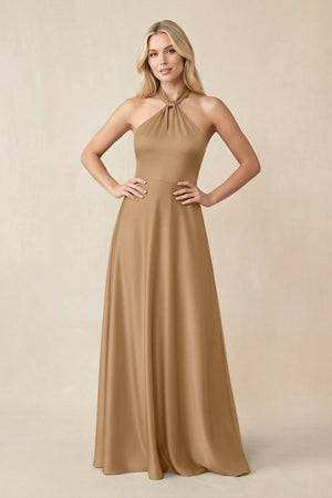 Halter Neck Satin A - Line Bridesmaid Gown with Bow in Bronzer - KISS BRIDAL Bridesmaid Dresses