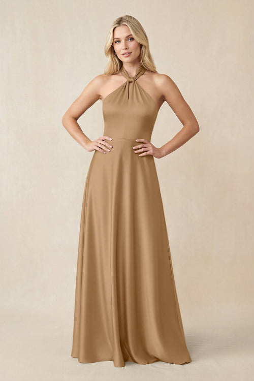 Halter Neck Satin A - Line Bridesmaid Gown with Bow in Bronzer - KISS BRIDAL Bridesmaid Dresses