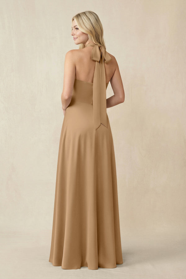 Halter Neck Satin A - Line Bridesmaid Gown with Bow in Bronzer - KISS BRIDAL Bridesmaid Dresses