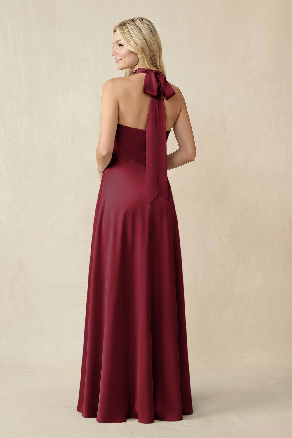 Halter Neck Satin A-Line Bridesmaid Gown with Bow in Burgundy