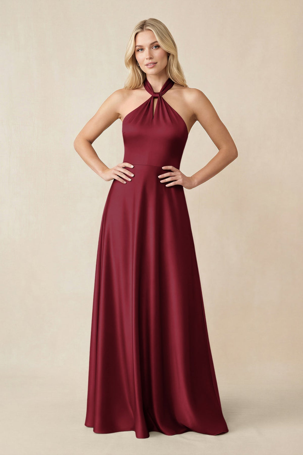 Halter Neck Satin A-Line Bridesmaid Gown with Bow in Burgundy