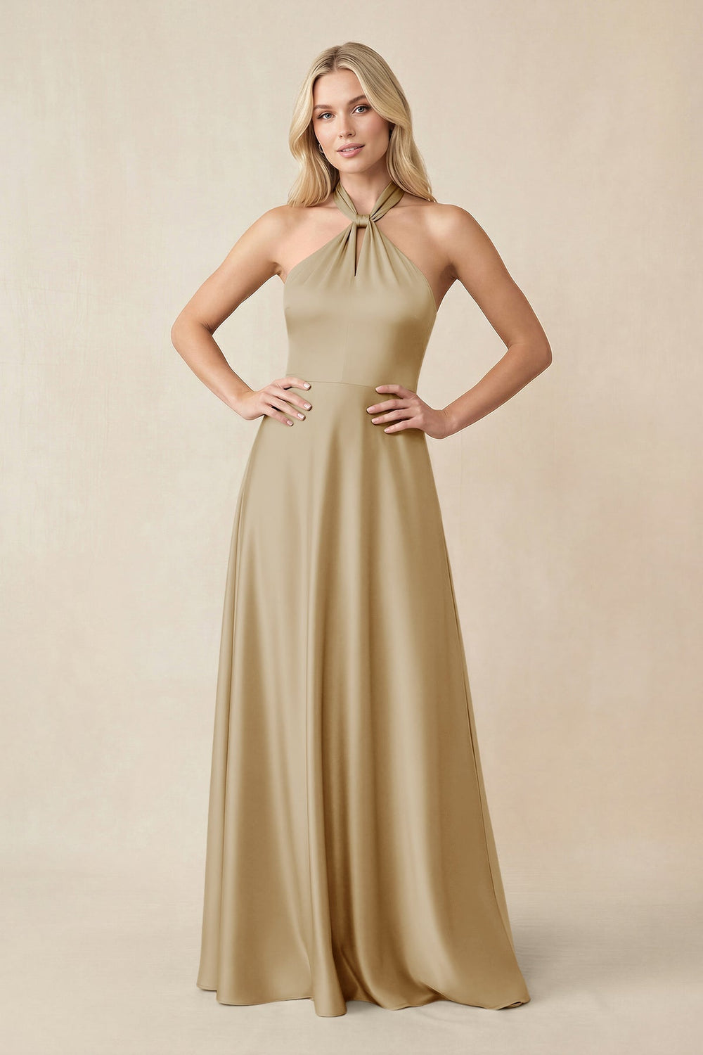 Halter Neck Satin A-Line Bridesmaid Gown with Bow in Champagne