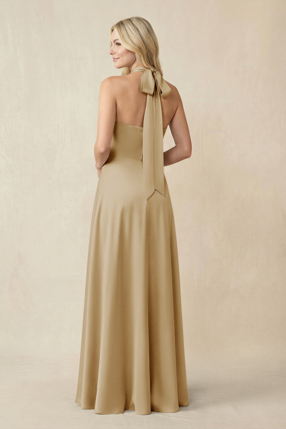Halter Neck Satin A-Line Bridesmaid Gown with Bow in Champagne
