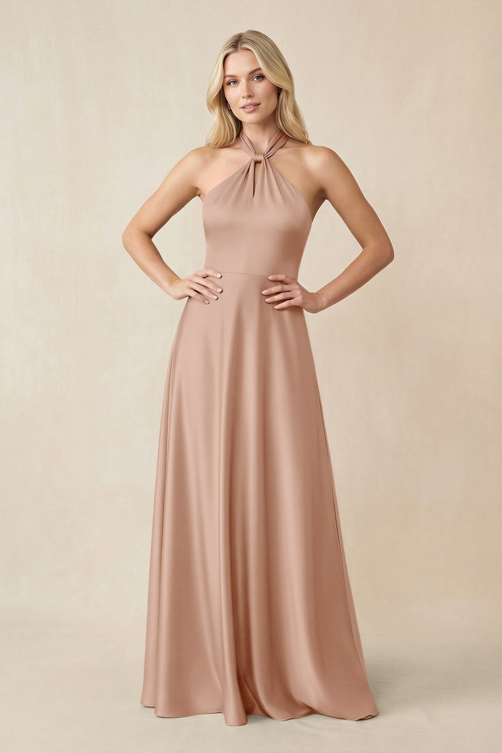 Halter Neck Satin A-Line Bridesmaid Gown with Bow in Champagne Rose