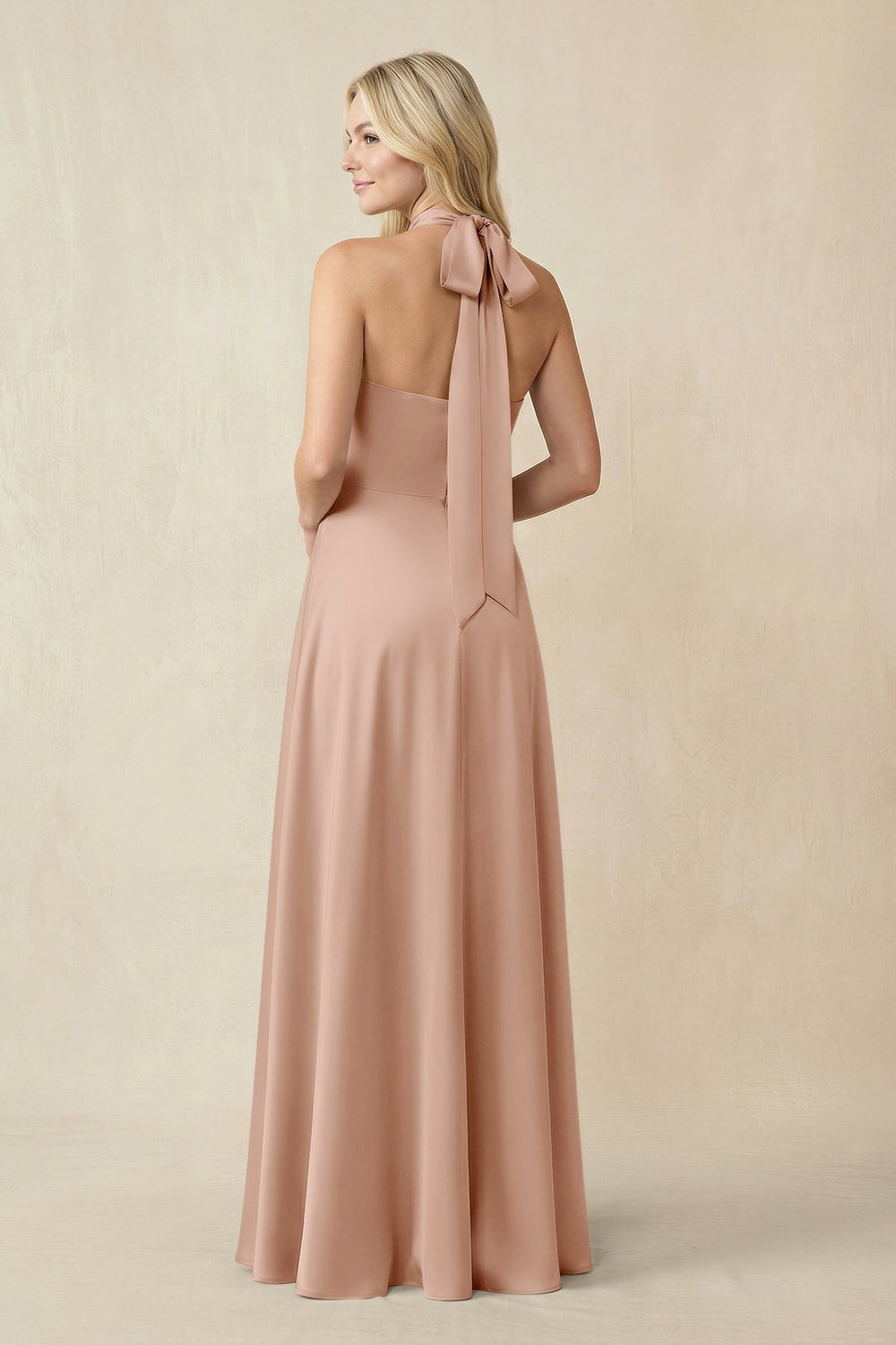 Halter Neck Satin A-Line Bridesmaid Gown with Bow in Champagne Rose