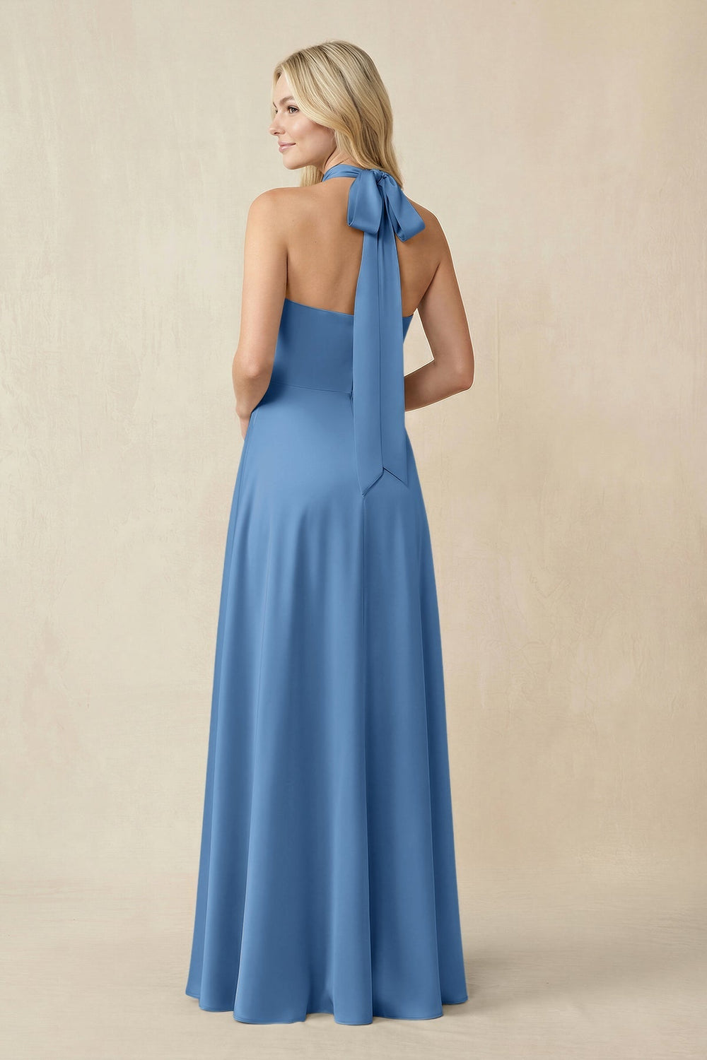 Halter Neck Satin A-Line Bridesmaid Gown with Bow in Dusty Blue