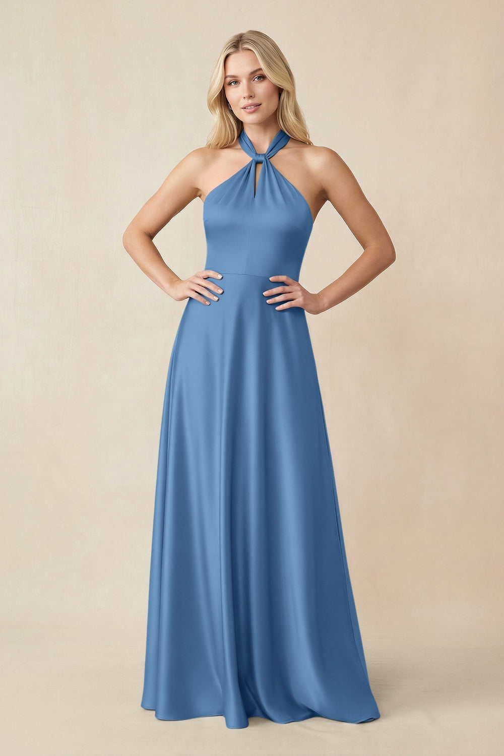 Halter Neck Satin A-Line Bridesmaid Gown with Bow in Dusty Blue