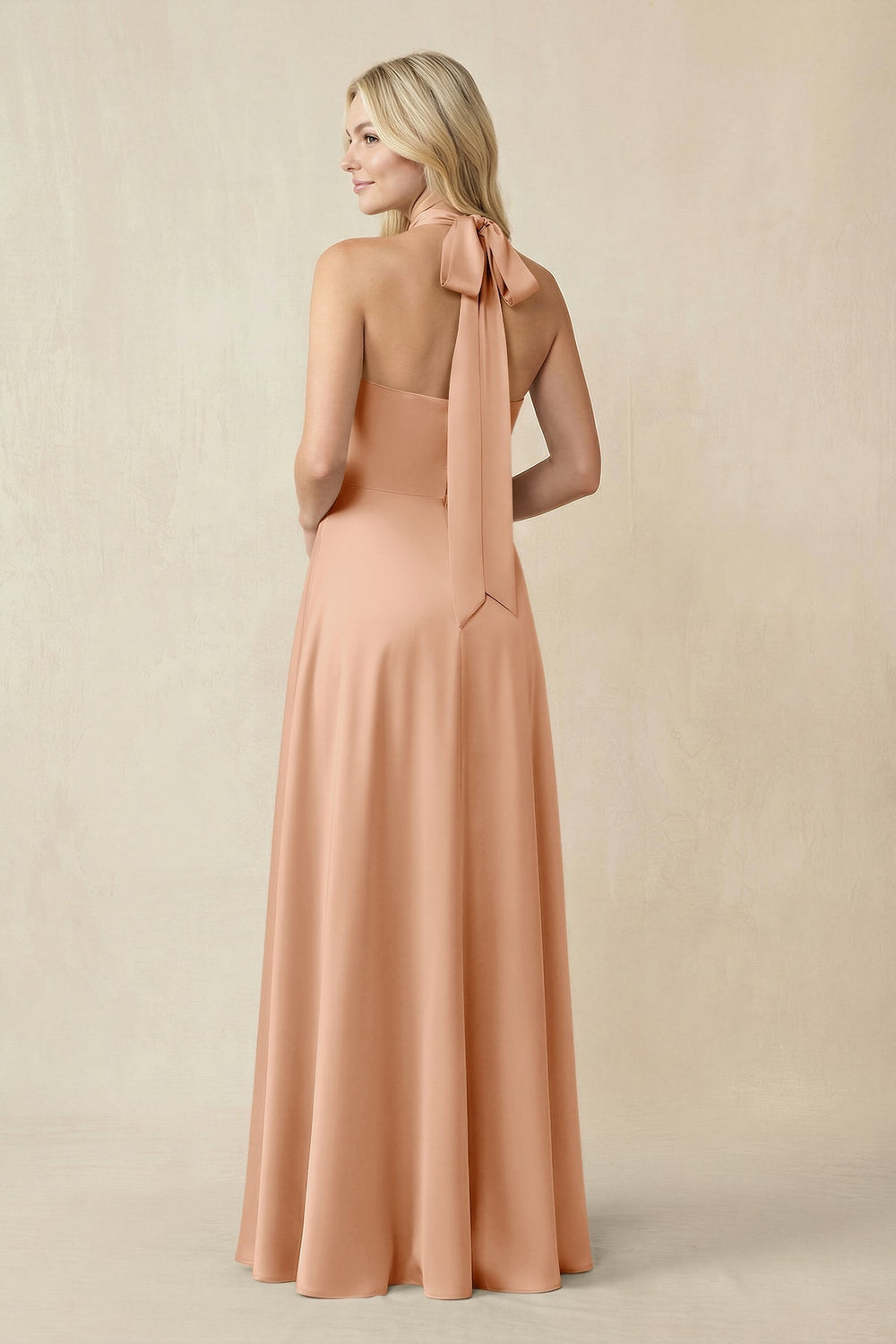 Halter Neck Satin A-Line Bridesmaid Gown with Bow in Golden Champagne
