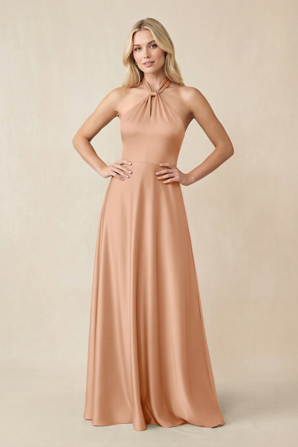 Halter Neck Satin A-Line Bridesmaid Gown with Bow in Golden Champagne