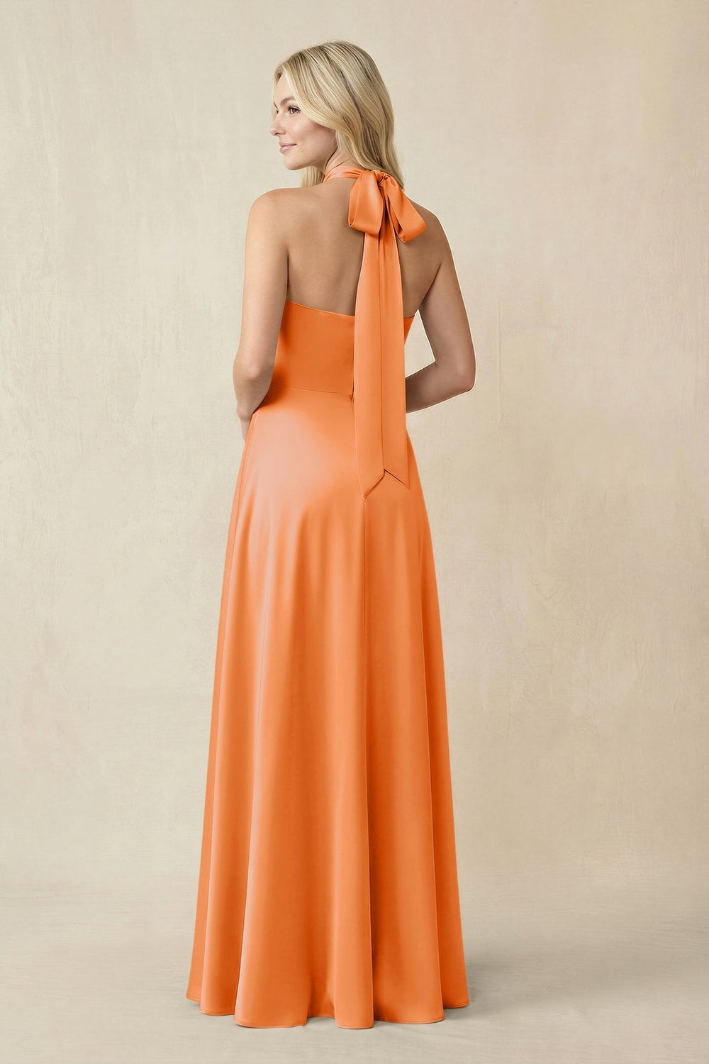 Halter Neck Satin A-Line Bridesmaid Gown with Bow in Orange
