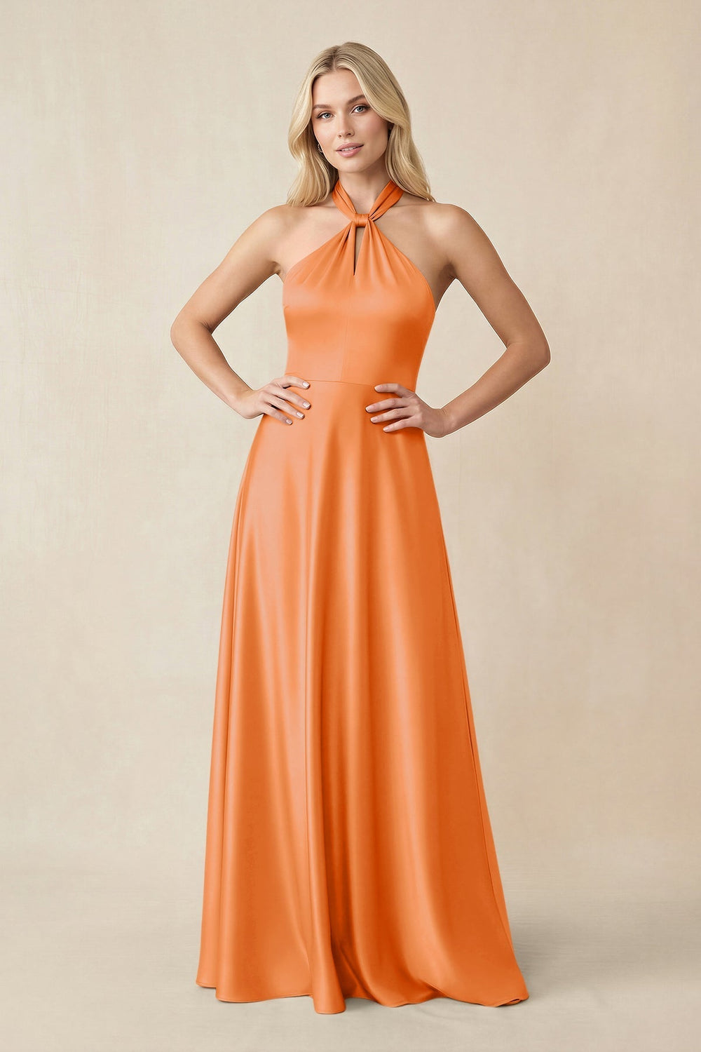Halter Neck Satin A-Line Bridesmaid Gown with Bow in Orange