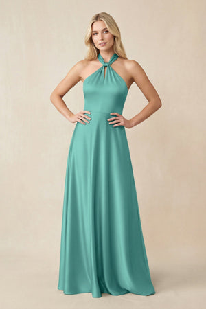Halter Neck Satin A - Line Bridesmaid Gown with Bow in Pale Pistachio - KISS BRIDAL Bridesmaid Dresses