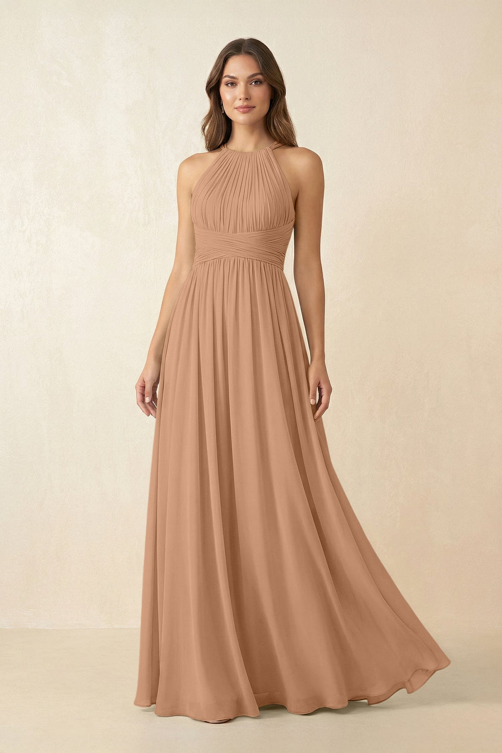 Halter Pleated A-Line Chiffon Bridesmaid Dress in Bronzer
